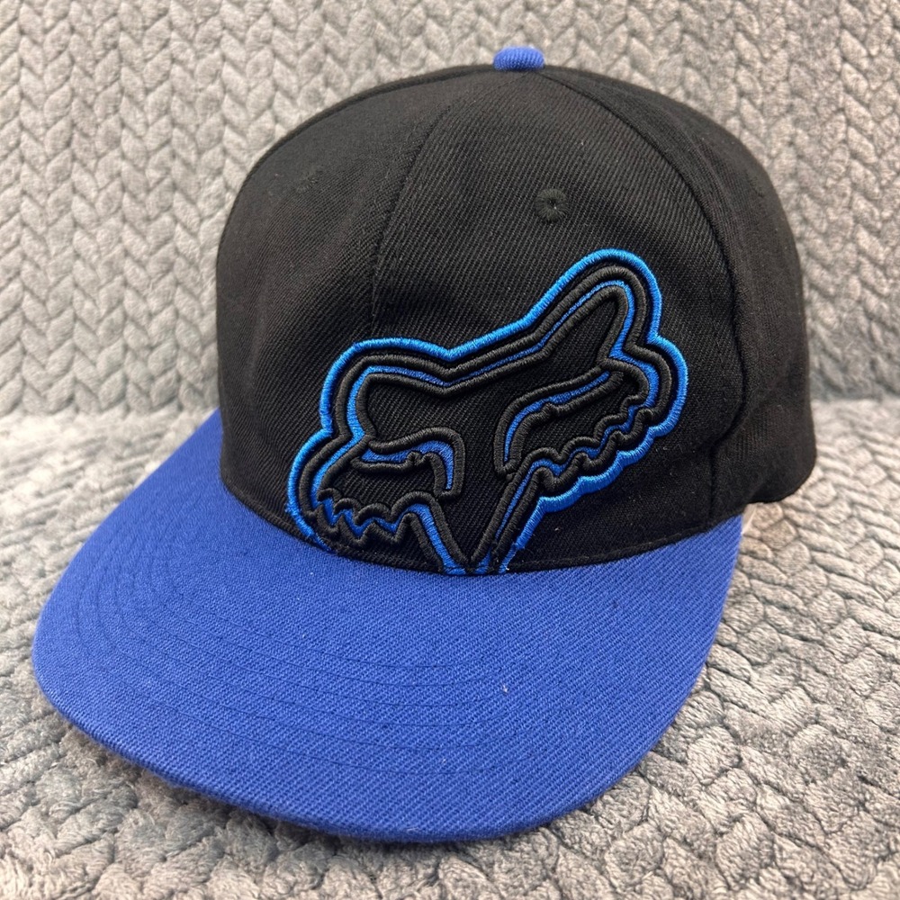 Embroidered Fox Head Mens Black Blue Fox Racing Fitted Hat Flat Brim 7 3/4 59 cm